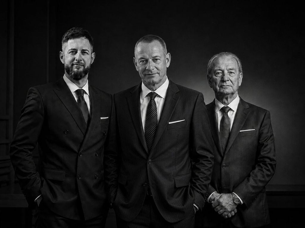 Chris, Bernd und Ludwig Ocker — drei Generationen der Unternehmerfamilie im Anzug vor dunklem Hintergrund